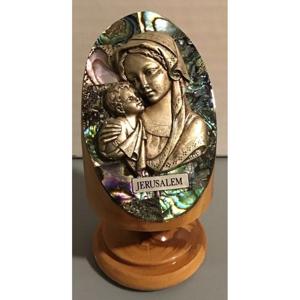 Mother Mary, Baby Jesus Statue - Carved Silver Plate, Abalone Shell, Olive Wood